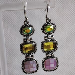 Lia Sophia Signed Oval Green Iridescent Glass Stones Faux Abalone Earrings EUC